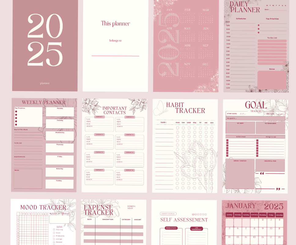 🥂 🥂 2025 Pink Flower Planner — Printable Organizer & Journal | no-stress tracker