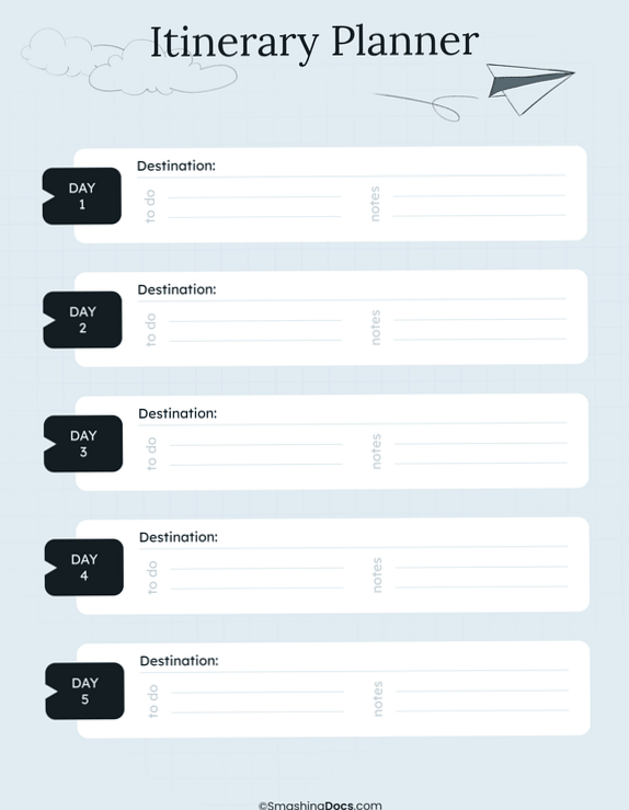 🤍 ☁️ 5-Day Travel Itinerary Planner Template Free | essential planning guide