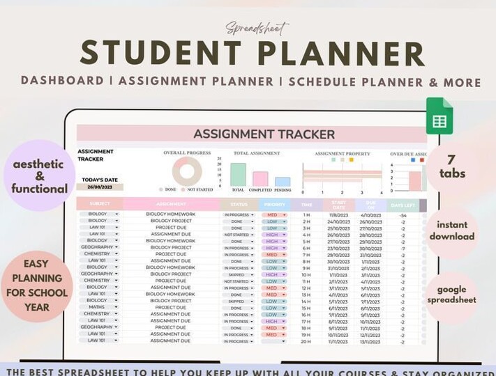 Assignment Tracker: Excel & Google Sheets Study Planner — 🎀 ☁️ no-stress tracker