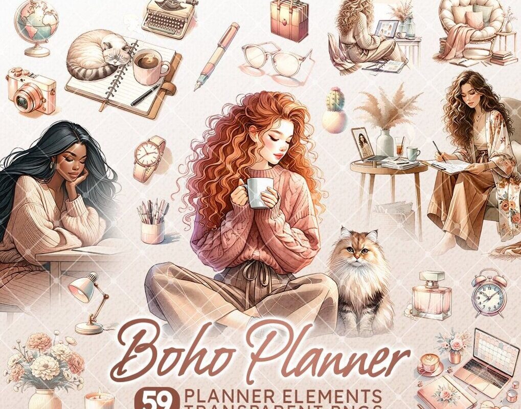 👰 🥂 Boho Watercolor Planner Clipart & Cozy Girl Stickers | romanticize your routine