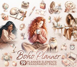 👰 🥂 Boho Watercolor Planner Clipart & Cozy Girl Stickers | romanticize your routine