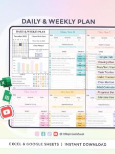 🎨 💎 Daily & Weekly Plan — Clear Button — Excel & Google Sheets Template | no-stress tracker