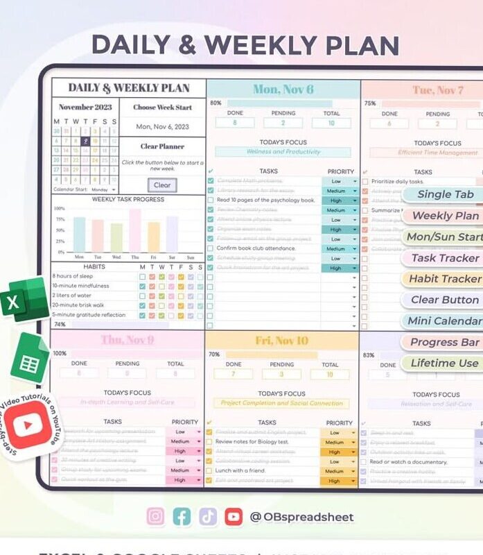 🎨 💎 Daily & Weekly Plan — Clear Button — Excel & Google Sheets Template | no-stress tracker