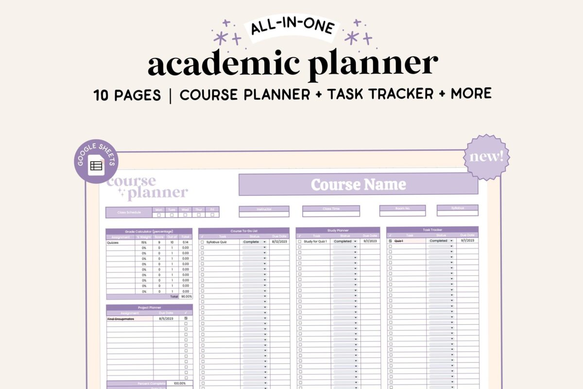 🌸 🥂 essential planning guide: NEW Academic Planner Spreadsheet | Google Sheets | Assignment Tracker | Course