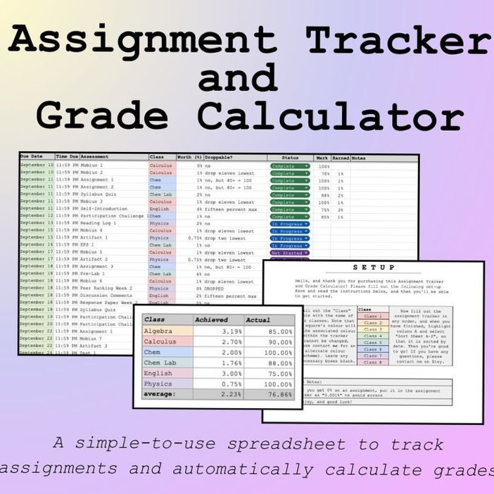 🌈 🪄 Google Sheets Assignment Tracker & Grade Calculator Template | seamless organization hack