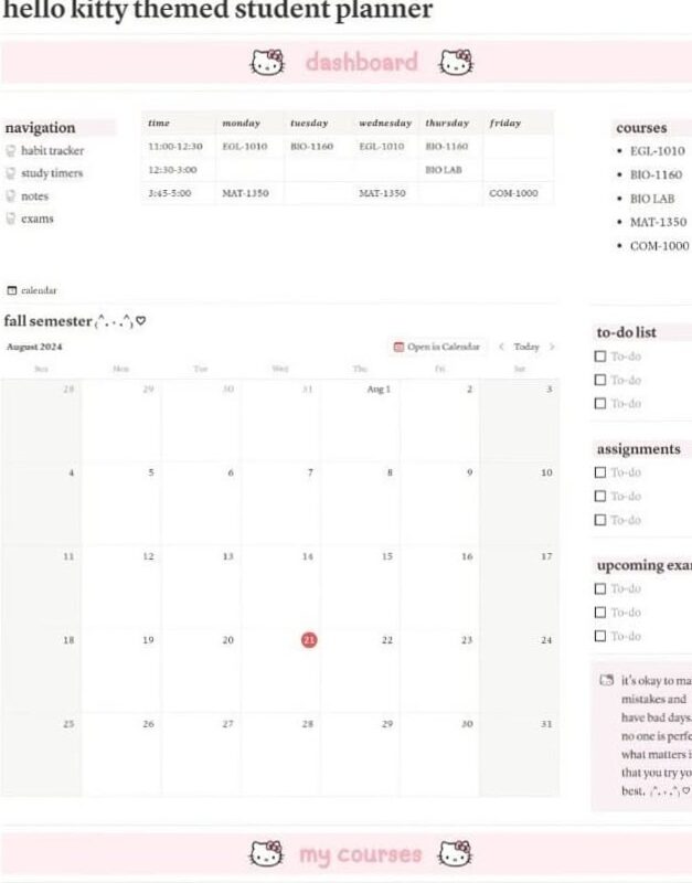 🕯️ 🎀 Hello Kitty College Notion Planner Free Download | pro digital dashboard