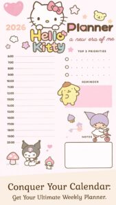 Hello Kitty Hourly Planner Template Aesthetic Design — 🌿 🌿 dream life manifestation