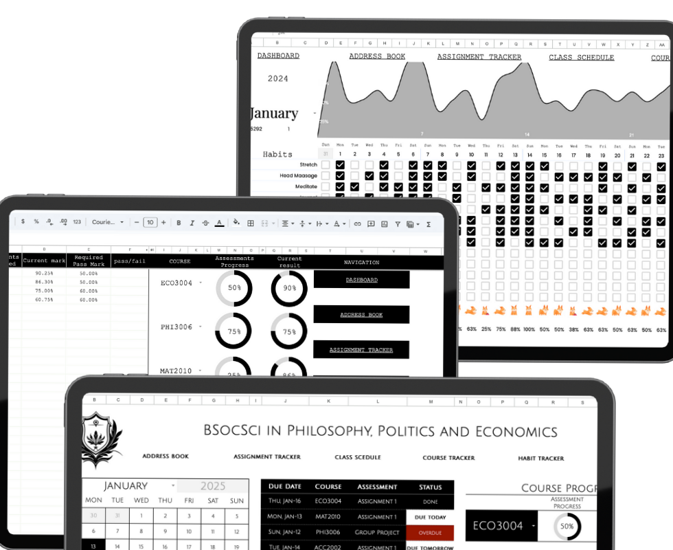 🎨 🖌️ no-stress tracker: 2025+ Student Planner for Google Sheets | University Planner | Course Tracker BLACK