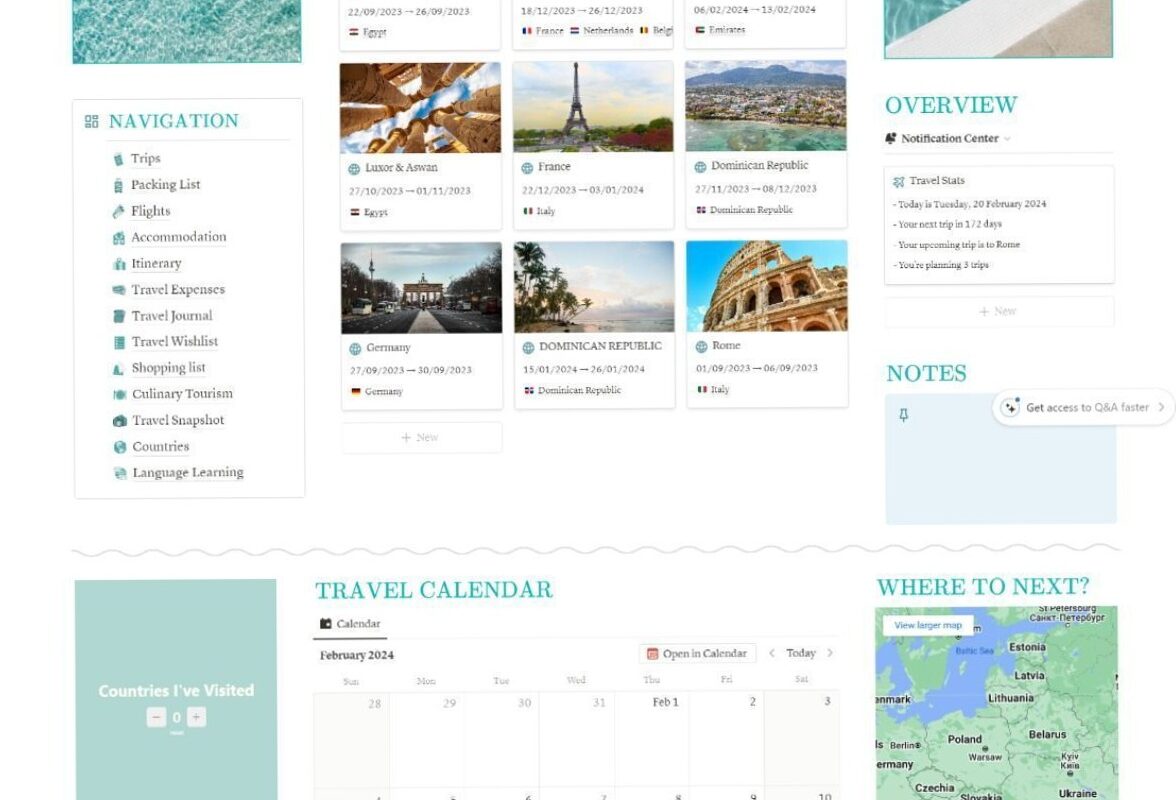 🌿 🤍 only tool for life admin: Notion Travel Planner 2025: Green Template for Digital Design & Creative Planning