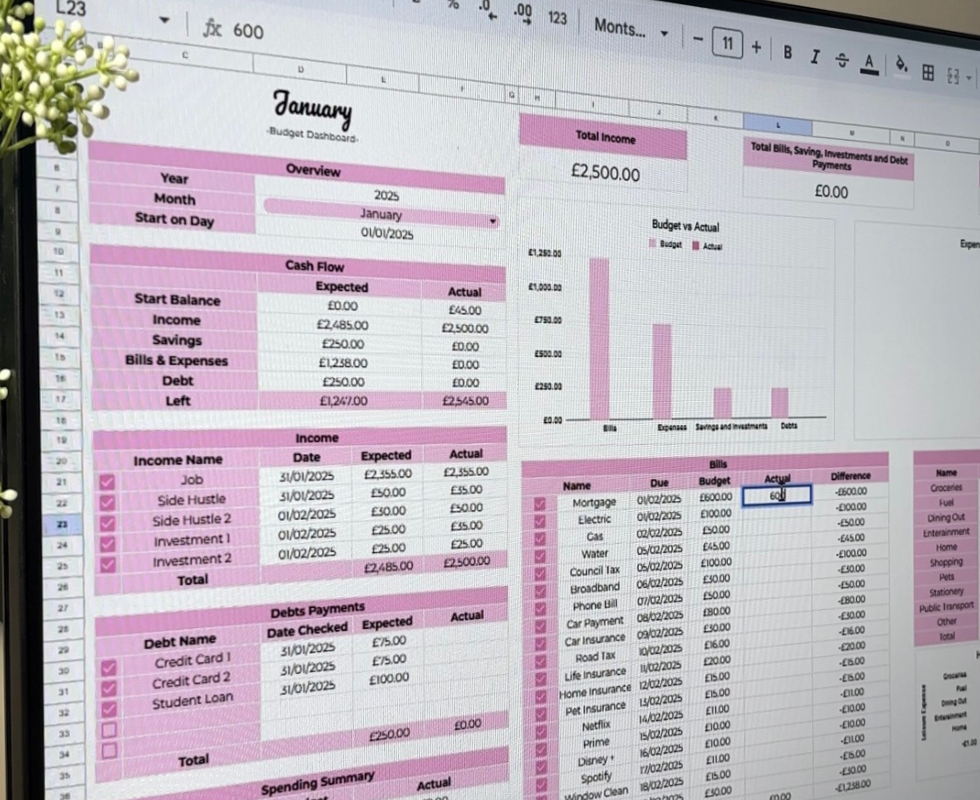 Pink Monthly Budget Spreadsheet | Tracker & Planner for Paycheck | #budgetingcommunity — 📅 📁 essential planning guide