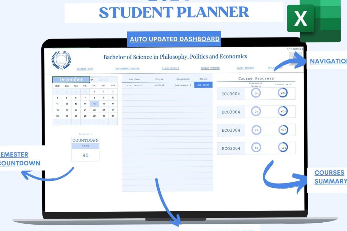 🎨 💎 seamless organization hack: 2024+ Student Planner for Excel | Blue University Course Tracker