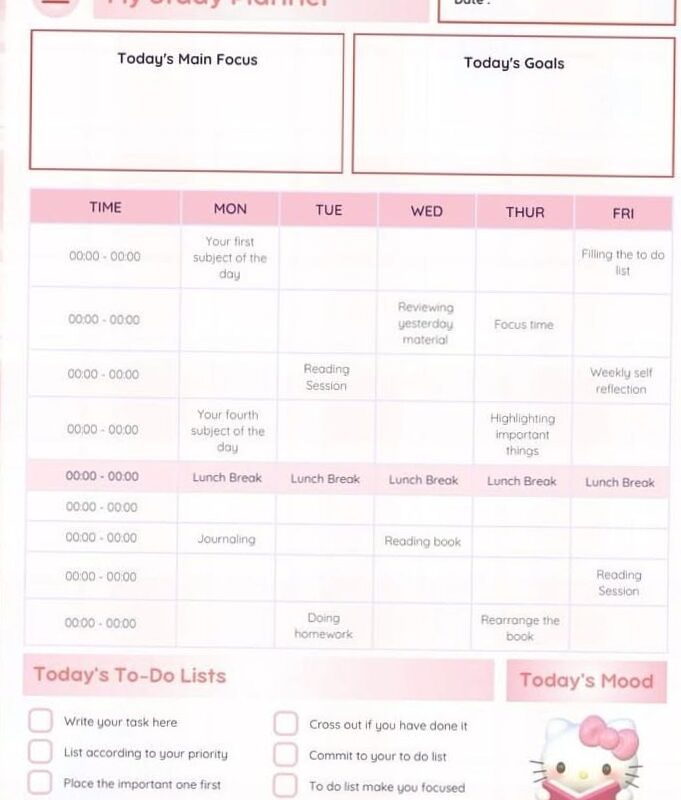 Secret to Staying Productive: Hello Kitty Study Planner | Editable Canva Template — 🪄 📍 romanticize your routine