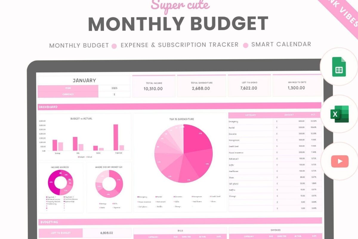 💍 💌 Stylish Pink Budget Planner for Google Sheets & Excel | pro digital dashboard