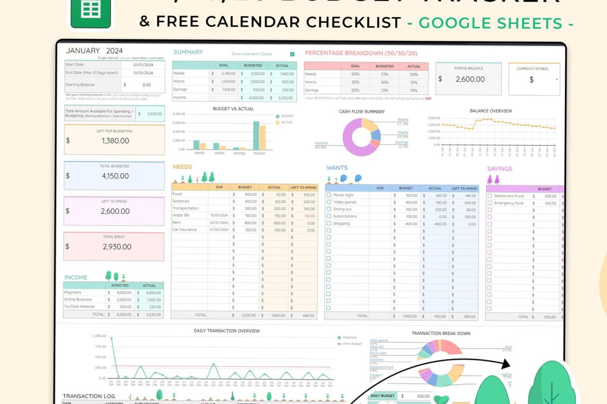 📅 📌 ultimate printable checklist: 50/30/20 Budget Tracker | Monthly Google Sheets Planner