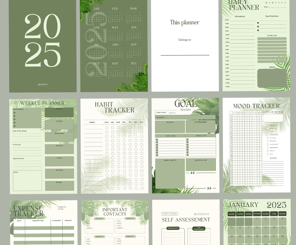2025 Green Leaves Planner — Printable Organizer & Journal — 💎 🪄 seamless organization hack