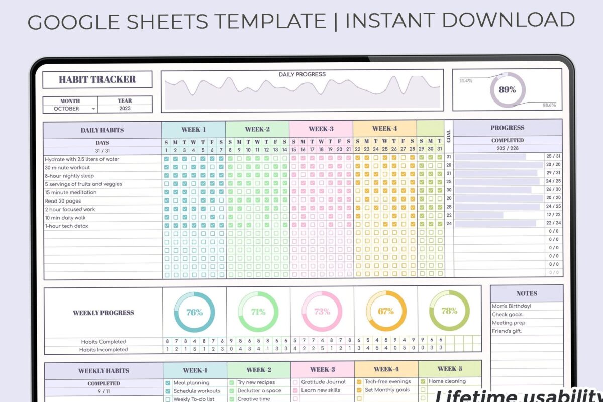 💍 🥂 2025 Habit Tracker: Google Sheets & Notion Templates | no-stress tracker