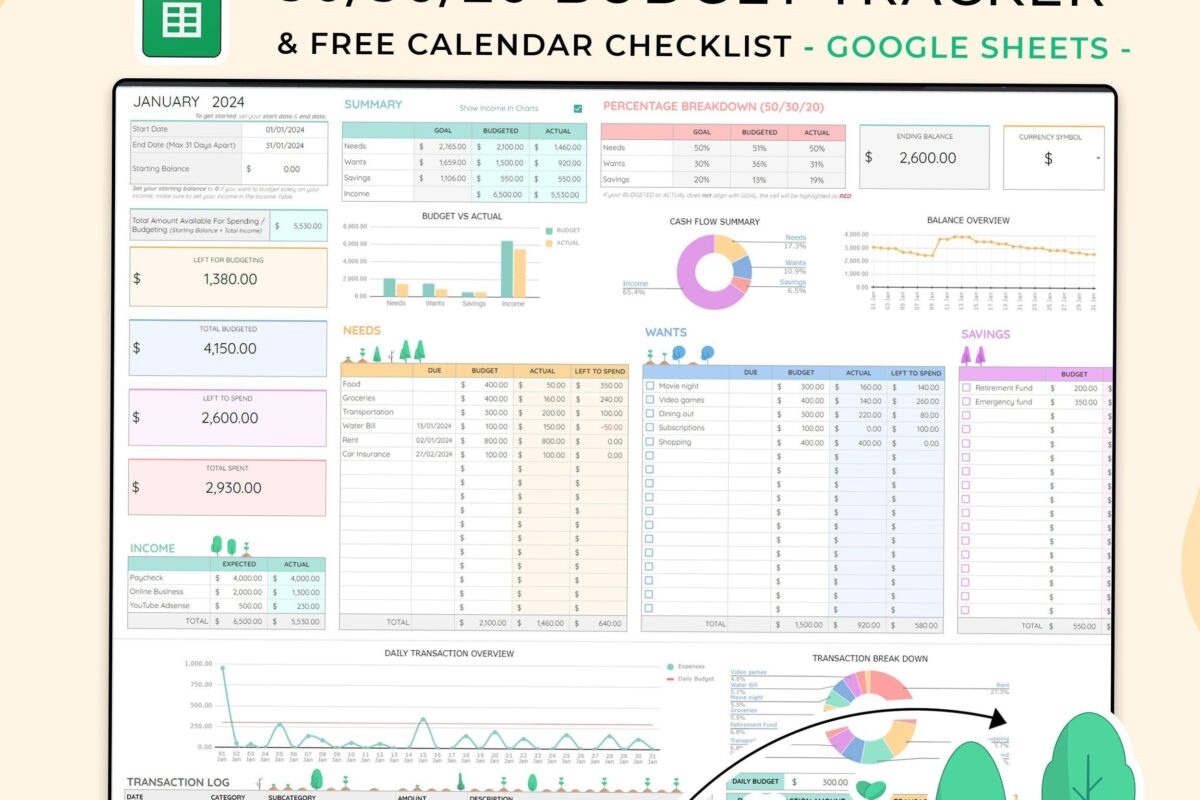 🌈 🎨 50/30/20 Budget Tracker | Google Sheets Template | no-stress tracker