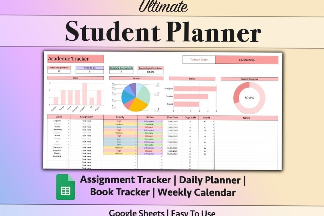 ✨ 🌿 Academic Student Google Sheets Planner for Study & Task Management | stay inspired all year long