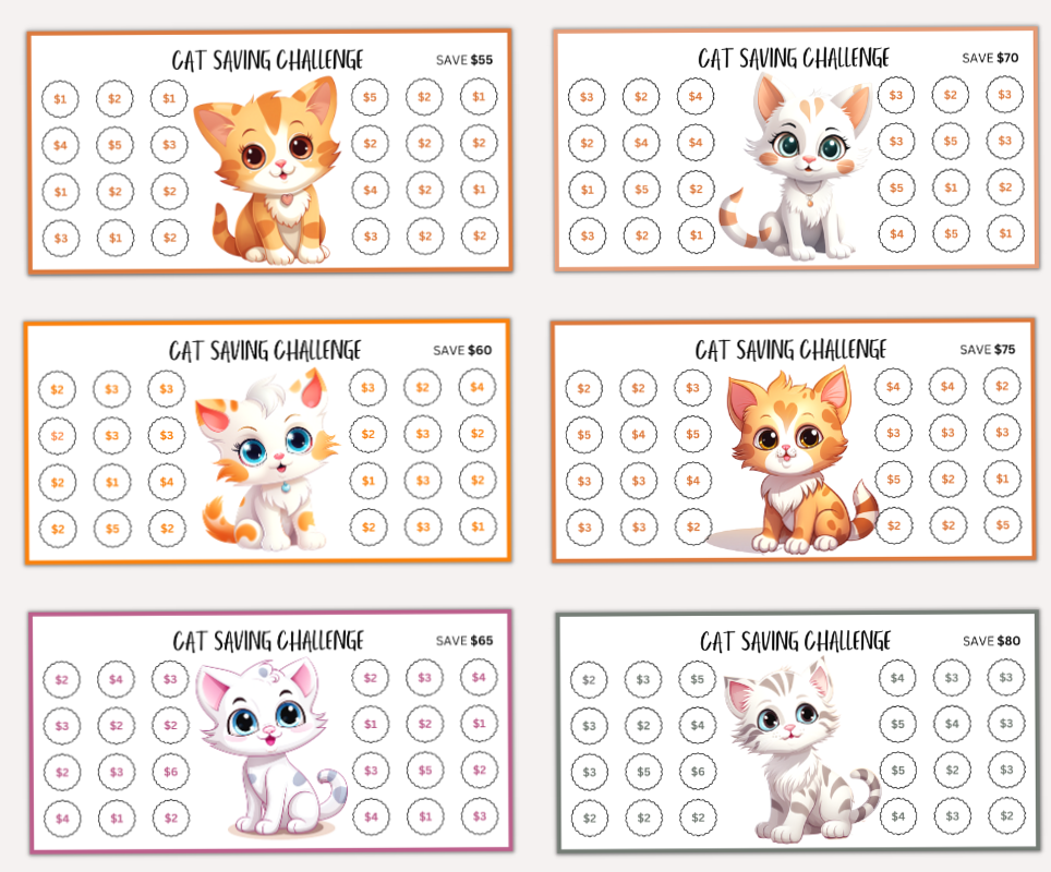 📍 🖌️ Cute Cats Saving Challenge Mini A6 Printable with Hello Kitty & Witch Cat Designs | dream life manifestation