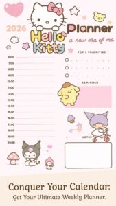 📌 🖇️ dream life manifestation: Hello Kitty Daily Planner Template | Aesthetic Design for H