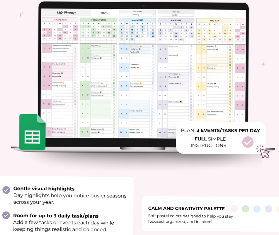 🌿 🕯️ dream life manifestation: Yearly Digital Planner for Google Sheets | Organize Life & Deadlines