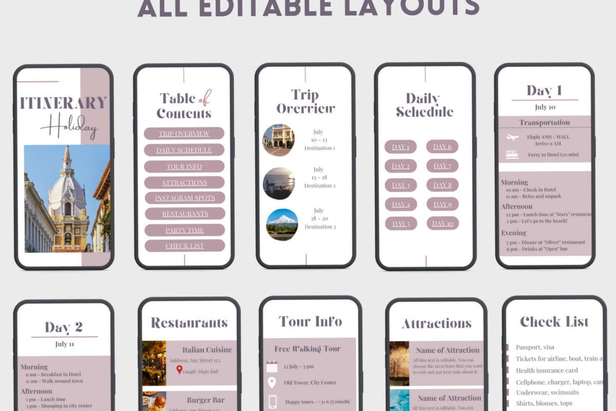 Editable Holiday Travel Itinerary & Planner Template for iPad & Mobile — Digital Printable Design — 🎀 🌿 essential planning guide