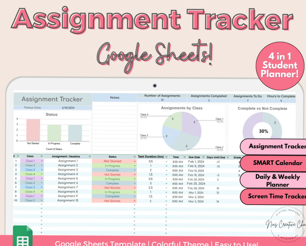 🪄 🌈 essential planning guide: Assignment Tracker Spreadsheet — 4-in-1 Digital Student Planner with Screen Time Tracker