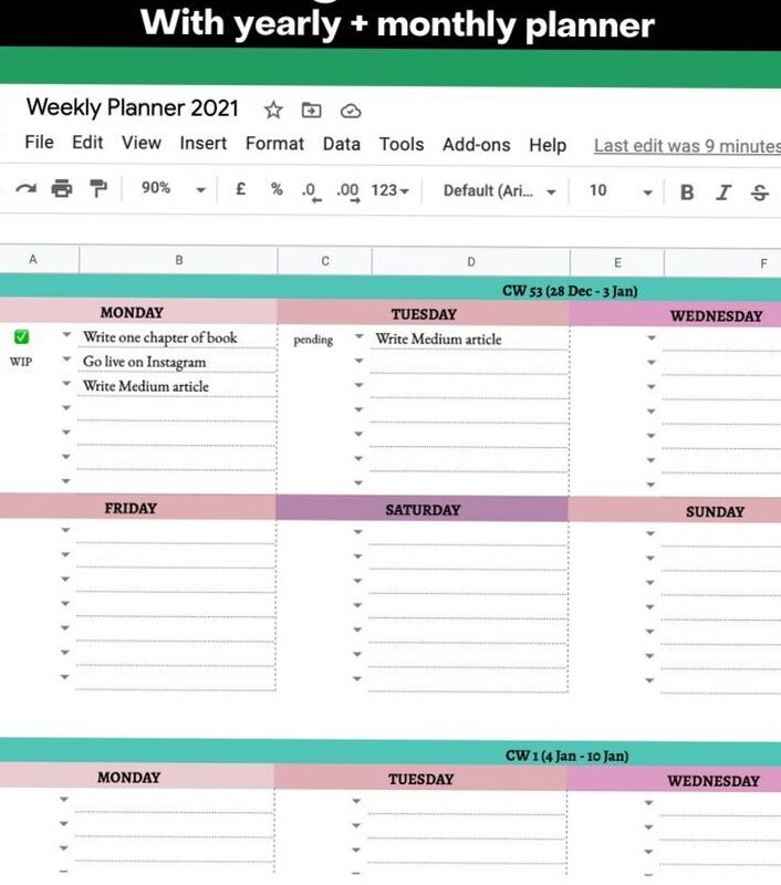 Free Google Sheets Weekly Planner 2021 Template — 💎 🌈 secret to staying productive