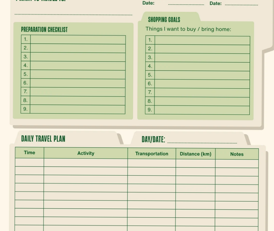 Green Simple Travel Planner A4 — Canva Templates — 📝 📅 dream life manifestation