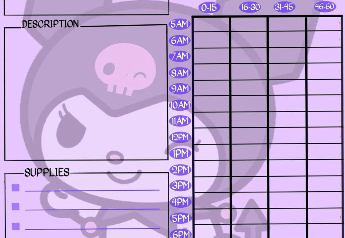 Kuromi Hourly Study Planner for Digital Design — 🌿 ✨ romanticize your routine