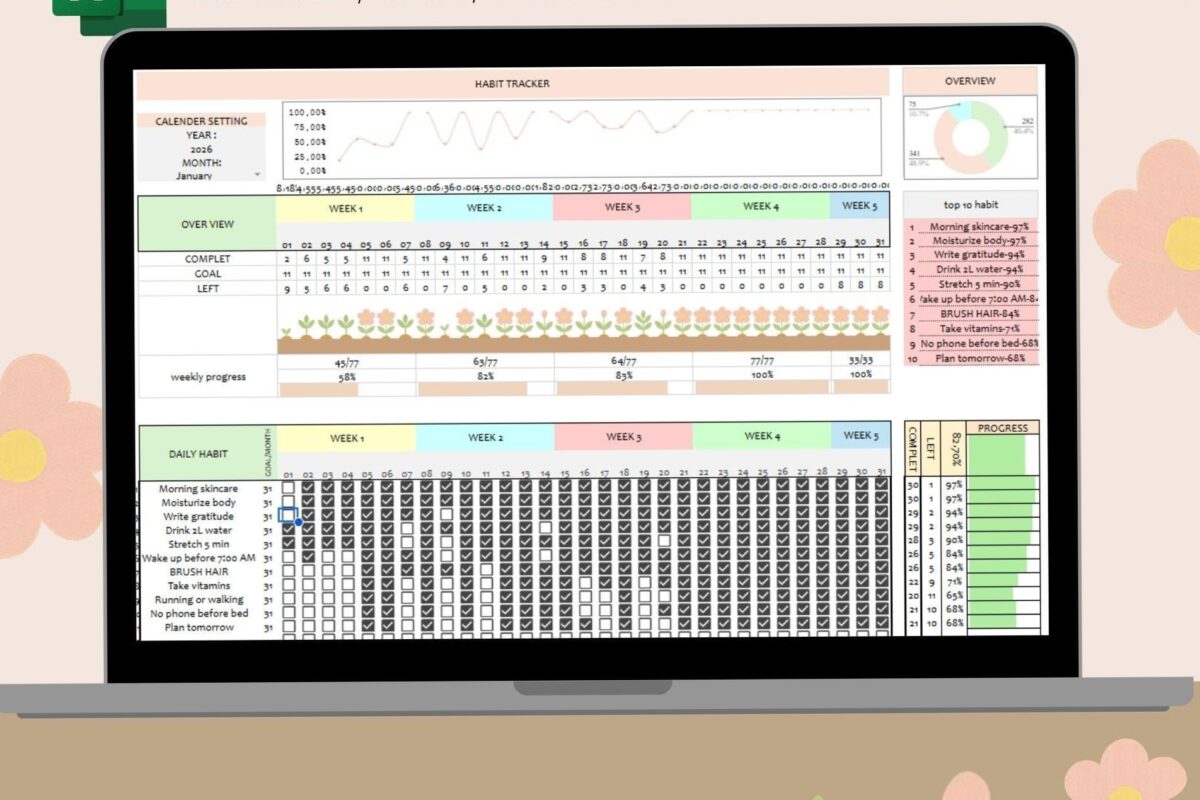 💎 💎 no-stress tracker: Excel Habit Tracker 2026: Monthly Planner & Self-Care Routine for Goal Success