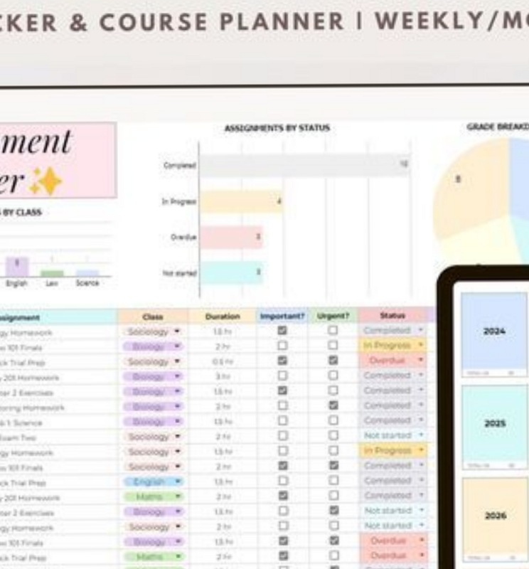 💍 🥂 no-stress tracker: Student Homework Planner 2024 Google Sheets Excel
