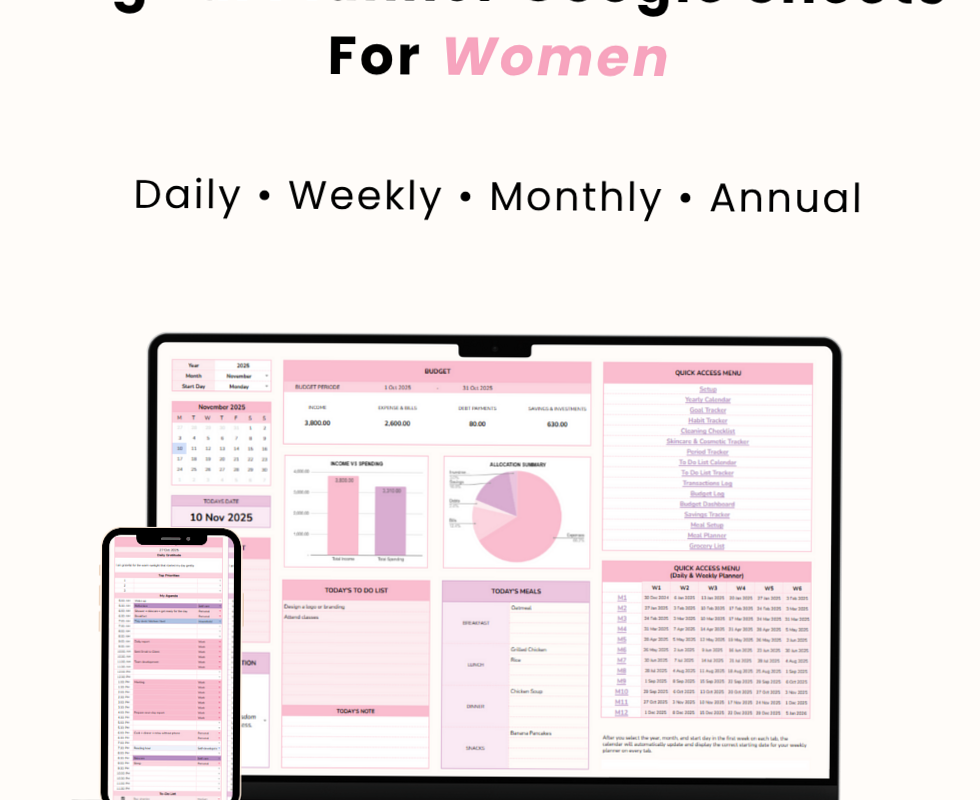 Pink Life Planner Template | Google Sheets Design — ☁️ 🤍 romanticize your routine