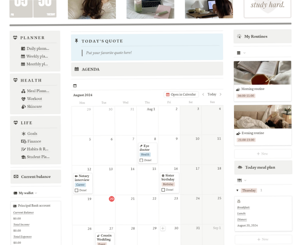 🌸 🍰 pro digital dashboard: Aesthetic Notion Student Planner | That Girl Study Template