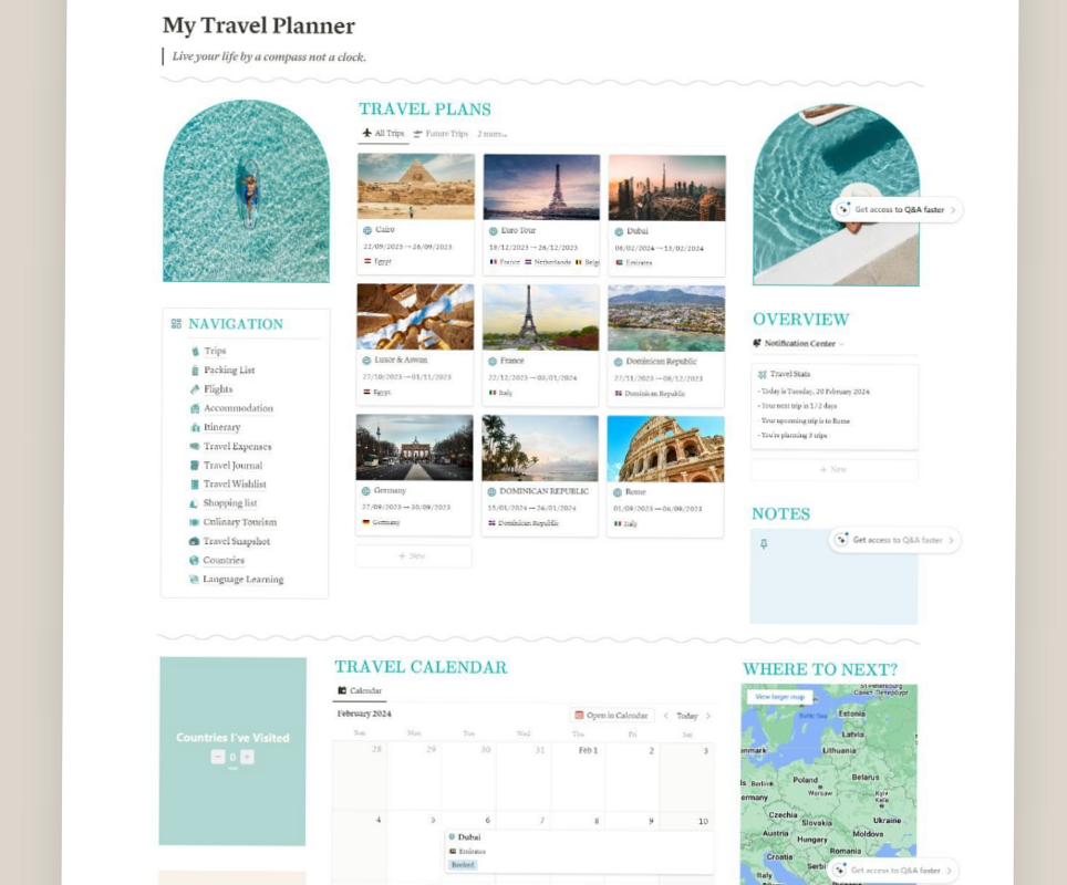 🤍 🤍 pro digital dashboard: Create Your Dream Trip with 17 Notion Travel Planner Templates
