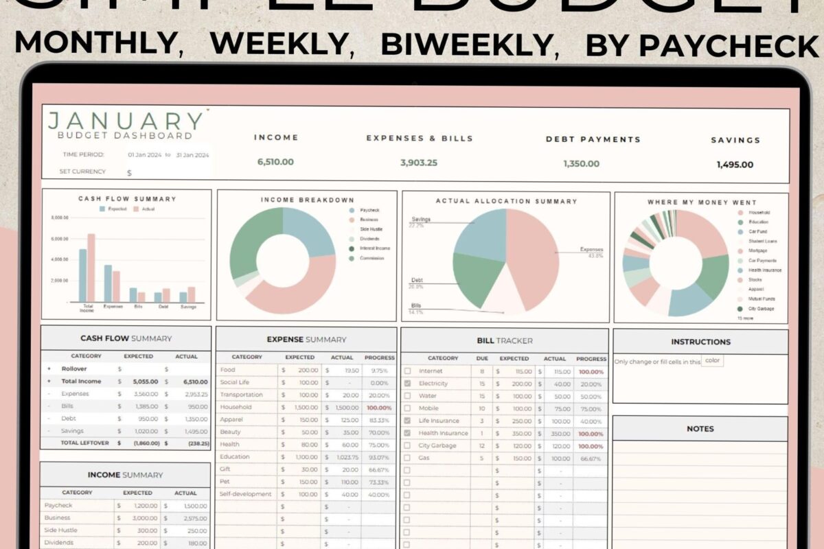 🤍 🎀 pro digital dashboard: Monatlicher Budgetplaner – Google Sheets Budgettabellen nach Zeitraum
