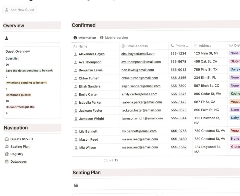 🖌️ 📍 pro digital dashboard: Seating Chart Wedding Guest List | Aesthetic Notion Template