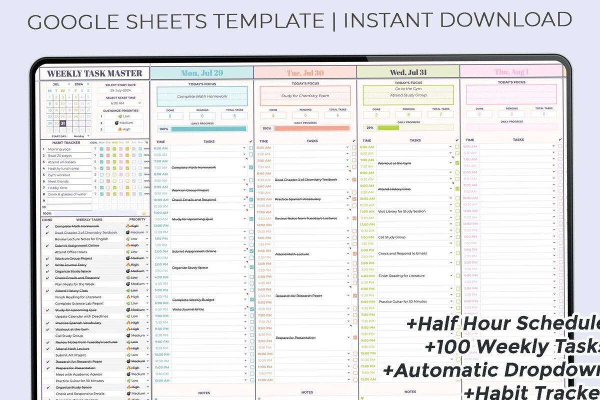 👰 🌸 seamless organization hack: Weekly Task Master — Google Sheets Planner Template