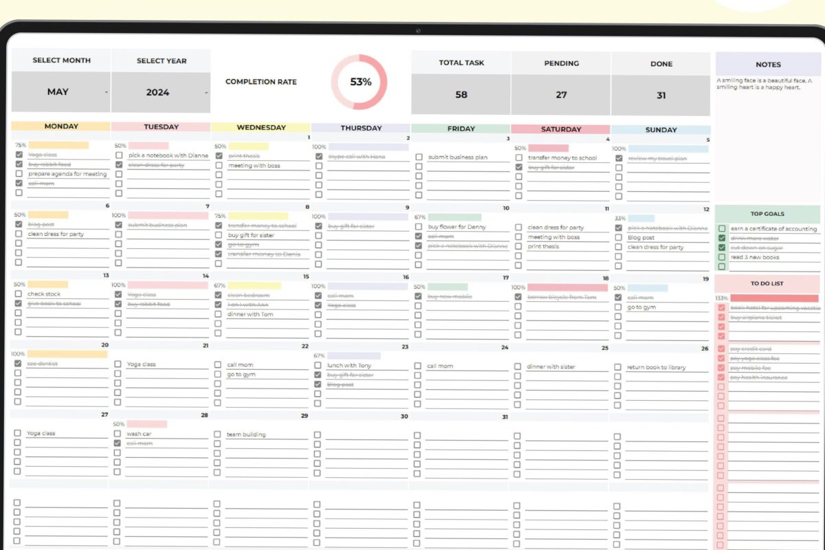 ✨ 🤍 secret to staying productive: Feuille de calcul de calendrier numérique | Calendrier mensuel | Liste des tâches créatives