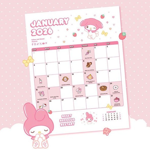 🌿 🌿 secret to staying productive: My Melody 2026 Calendar Printable | Sanrio US Design