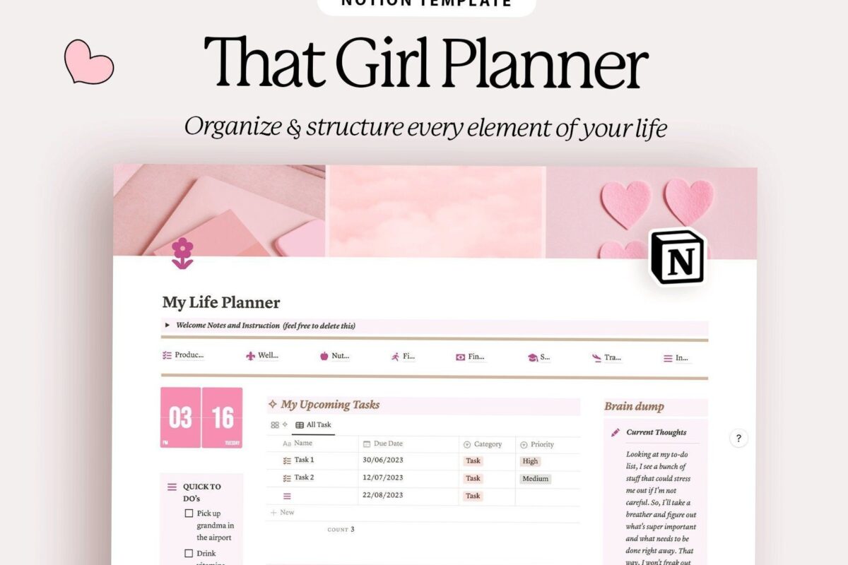 🪄 📍 stay inspired all year long: Pink Perfection: That Girl Planner Template for Productivity