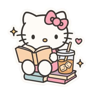 💌 💍 stay inspired all year long: Hello Kitty Reading with Iced Coffee – Kawaii Sticker Design