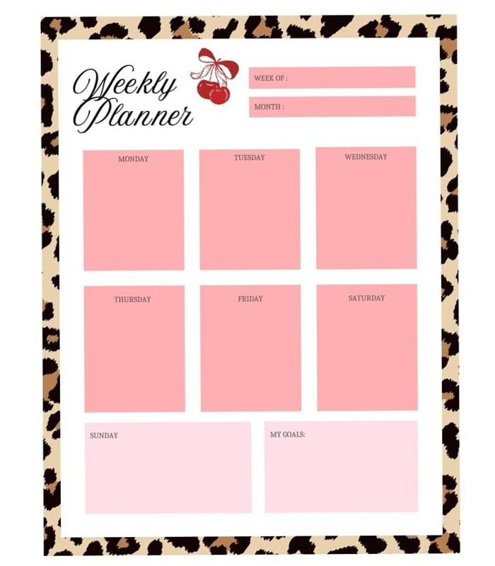 💍 💌 Stylish Weekly Planner PDF | Leopard & Pink Cherry Design | Instant Download | dream life manifestation