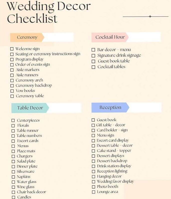 Wedding Decor Checklist: Must-Have Items & Budget Hacks — 👰 🌸 ultimate printable checklist