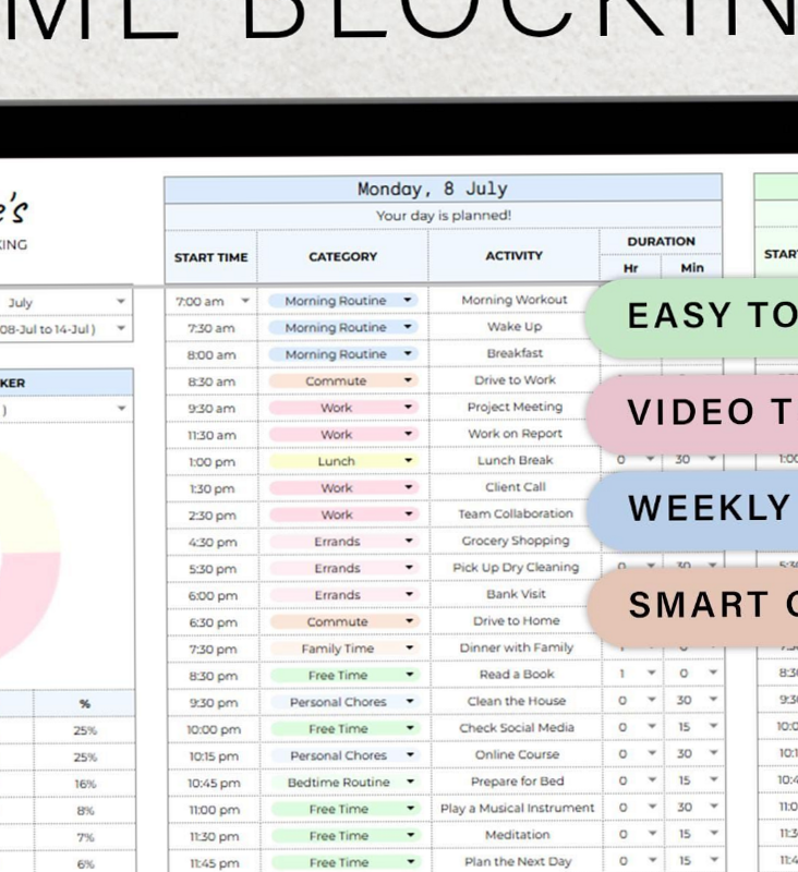 Weekly Time Blocking Planner for Google Sheets — 📌 📌 romanticize your routine